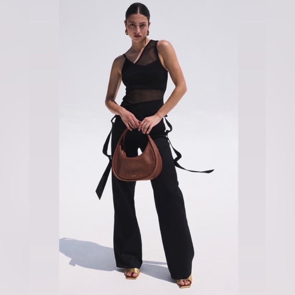 Cult Gaia Sinead Rayon Button Strap Utility Cargo Baggy Wide Leg Pants Black